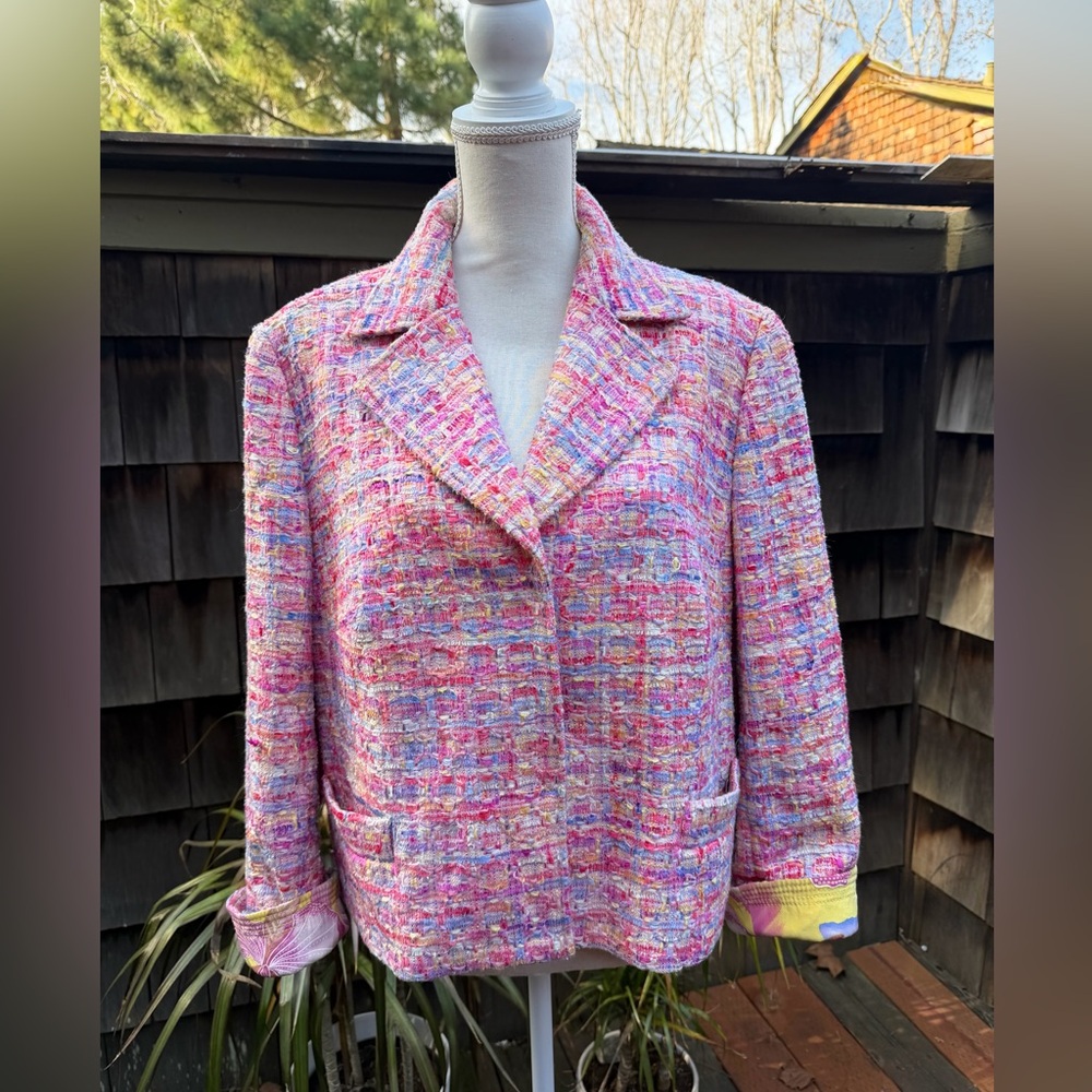 Escada tweed blazer jacket pastels silk floral lining Sz 44 L pinks yellows - Picture 1 of 13